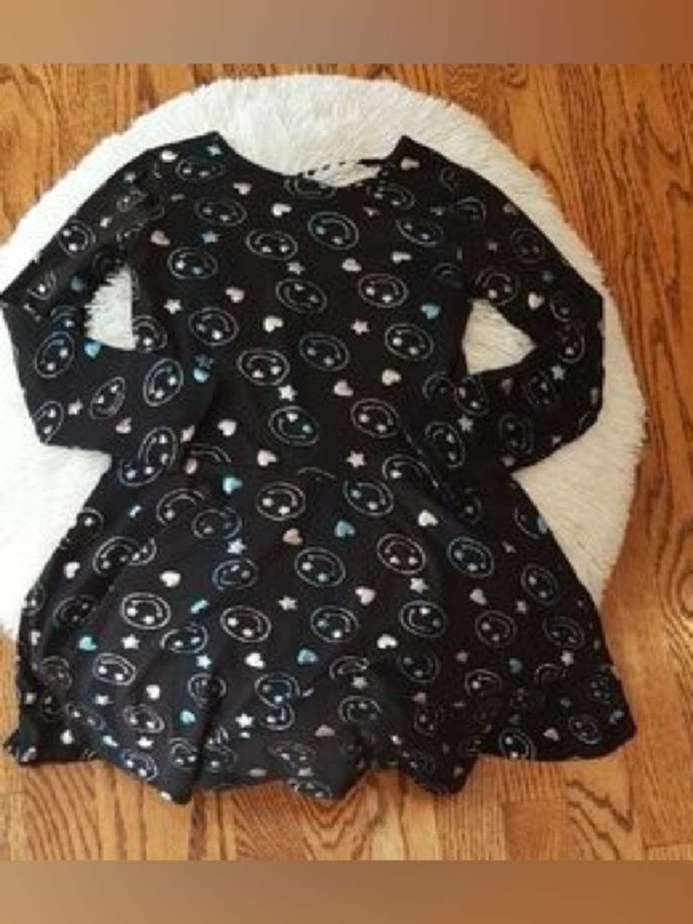 Black Long-Sleeve Kids Dress with Smile & Heart Print